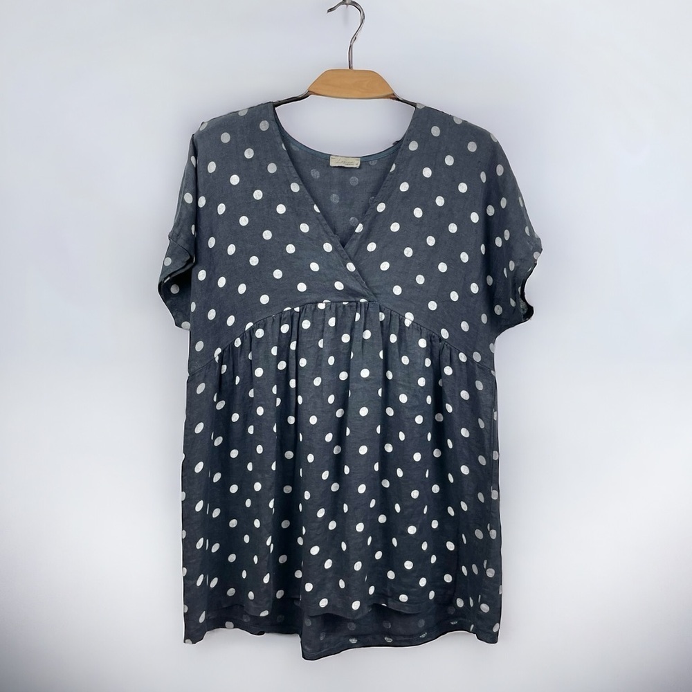 Logica 100% Linen Navy Polka Dot Babydoll Short Sleeve V Wrap Tunic Top US M